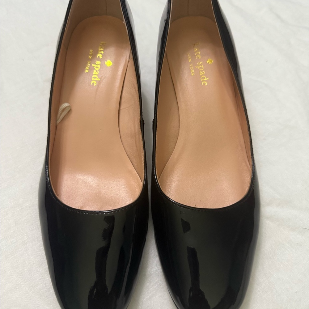 Kate Spade Glossy Black Flats with glitter block heels sz 7